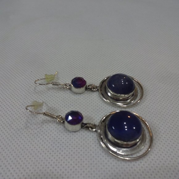 Modern "BLUE AVENTURINE & BI-COLOR TOURMALINE" Handmade Sterling Dangle Earrings - Picture 3 of 3